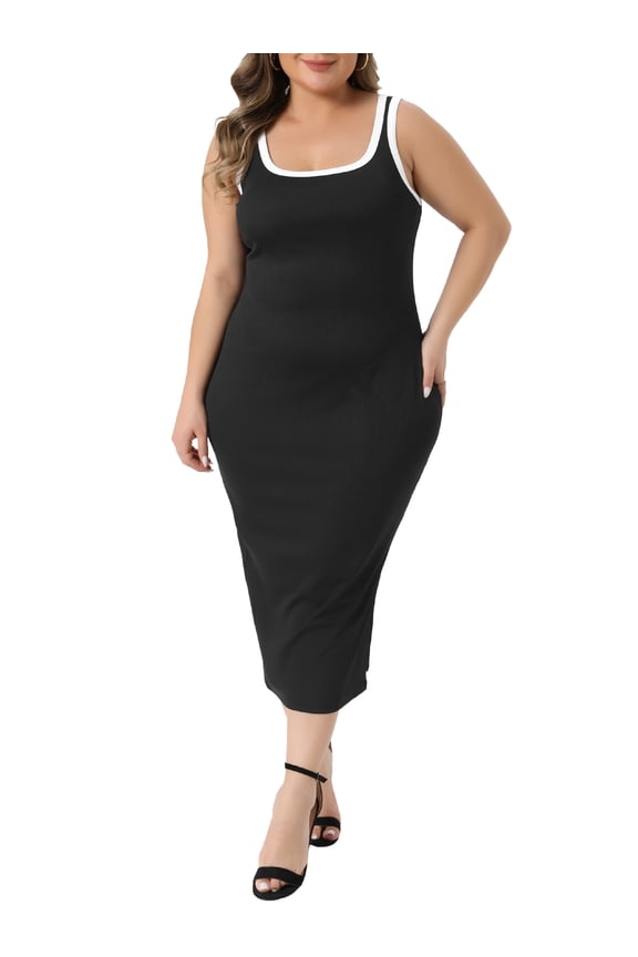 Women's Plus Size Knit Tank Dresses Contrast Side Slit Square Neck Sleeveless Summer Dresses 4X Black