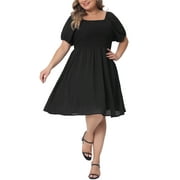 AGNES ORINDA Plus Size Dress for Women Square Neck Short Sleeve Stretchy Maxi Dress