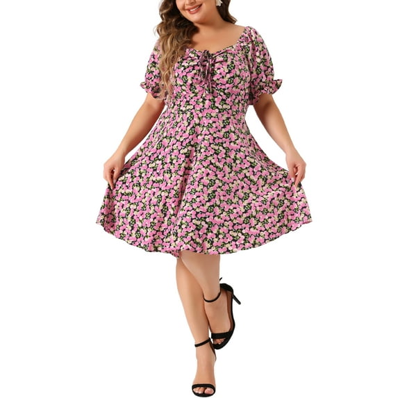Agnes Orinda Women's Plus Size Valentines Day Dress Summer Sweetheart Neck Puff Short Sleeve Tie Midi Floral Dresses 1X Black