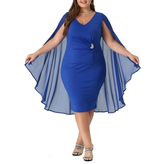Agnes Orinda Plus Size Dress for Women V Neck Cape Sleeve Midi Bodycon Cocktail Dress