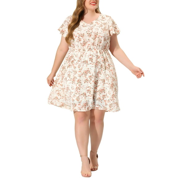 GRACE & GRANDEUR Women's Plus Size Dress Flare Short Sleeves Floral Peplum Summer Midi Dress 1X Beige