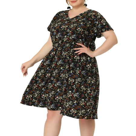 GRACE & GRANDEUR Women's Plus Size Dress Flare Short Sleeves Floral Peplum Summer Midi Dress 1X Black