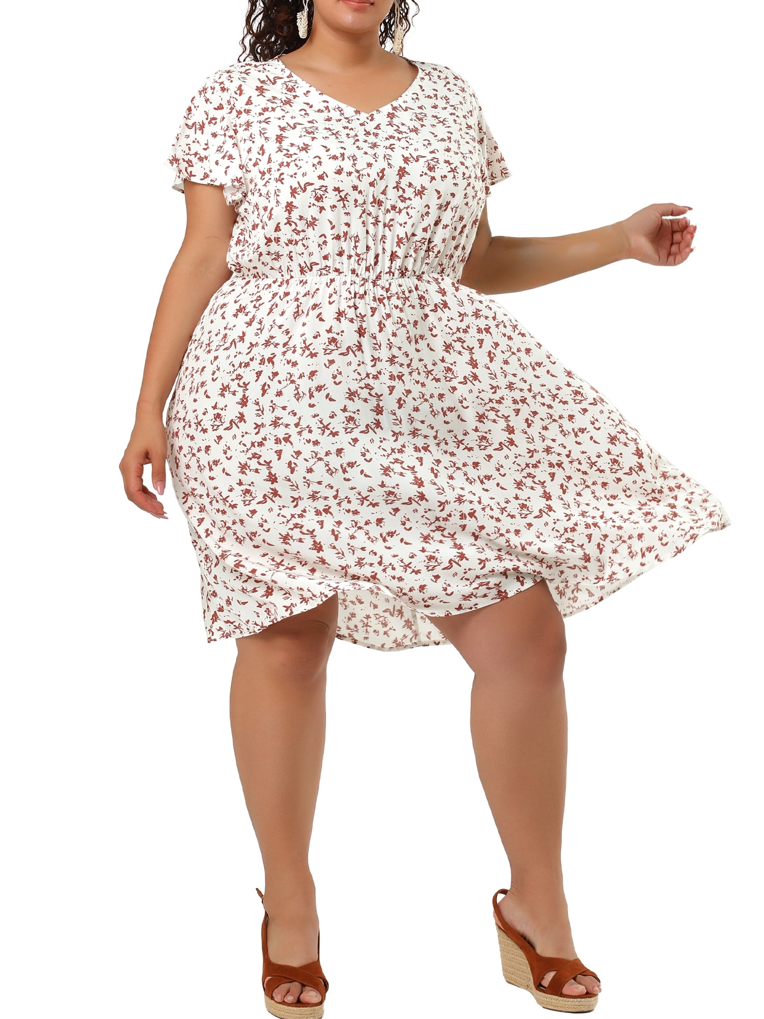 Agnes Orinda Women's Plus Size Floral V Neck Midi Dress with Peplum and  Ruffle Sleeves for Summer - Walmart.com