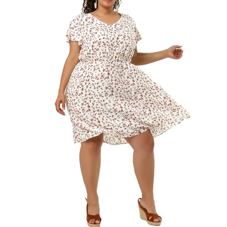 GRACE & GRANDEUR Women's Plus Size Dress Flare Short Sleeves Floral Peplum Summer Midi Dress 1X White