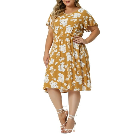 GRACE & GRANDEUR Women's Plus Size Dress Flare Short Sleeves Floral Peplum Summer Midi Dress 2X Yellow