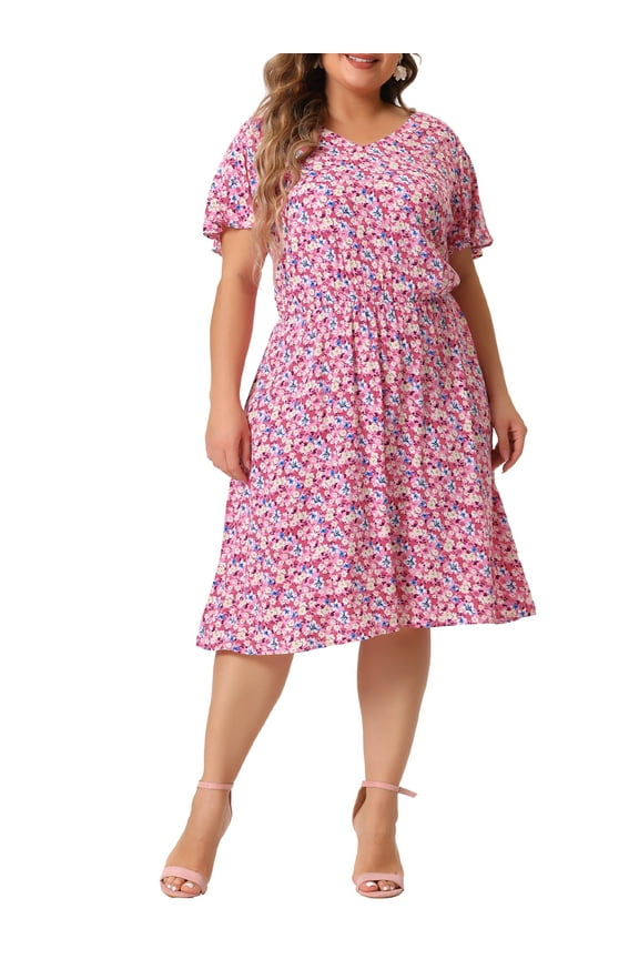 Women's Plus Size Easter Dress Flare Short Sleeves Floral Peplum Summer Midi Dress 3X Dark Pink