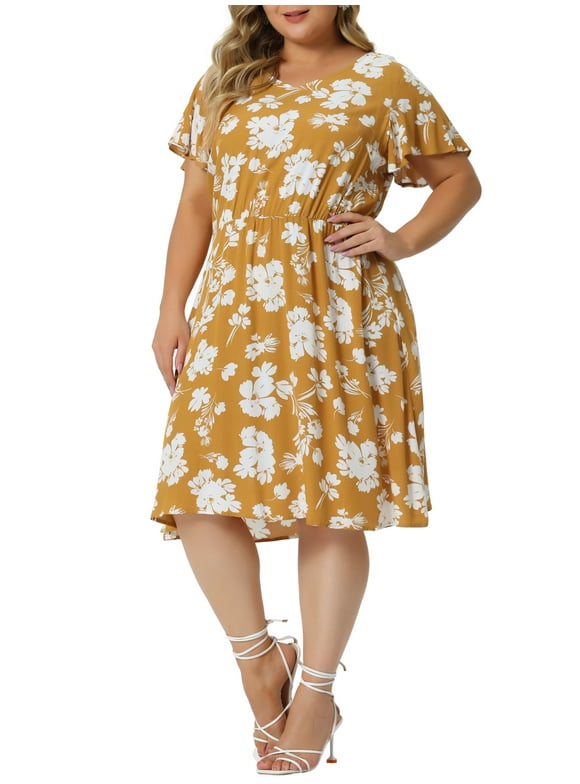 Women's Plus Size Dress Flare Short Sleeves Floral Peplum Summer Midi Dress 3X Yellow