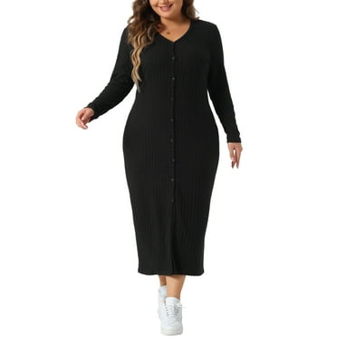 Agnes Orinda Plus Size Dress for Women V Neck Long Sleeve Ribbed Knit Button Down Bodycon Dresses 1X Black