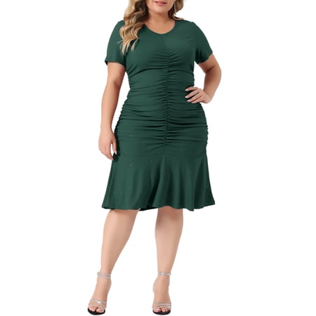 Agnes Orinda Plus Size Dress for Women V Neck Short Sleeve Glitter Ruched Dresses