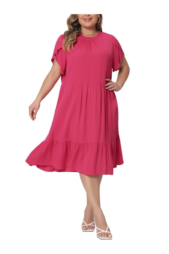 Women's Plus Size Mock Neck Tie Back Petal Short Sleeves Ruffled Hem A-Line Layered Swing Dresses 3X Hot Pink