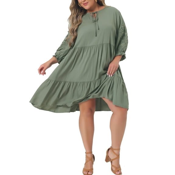 Agnes Orinda Plus Size Summer Dress for Womens Tie Neck Lace Sleeve Casual Ruffle Midi Flowy Dresses 2X Green