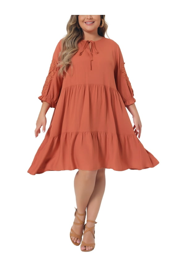Plus Size Dress for Womens V Neck Tie Lace Sleeve Casual Summer Ruffle Hem Midi Flowy Dress