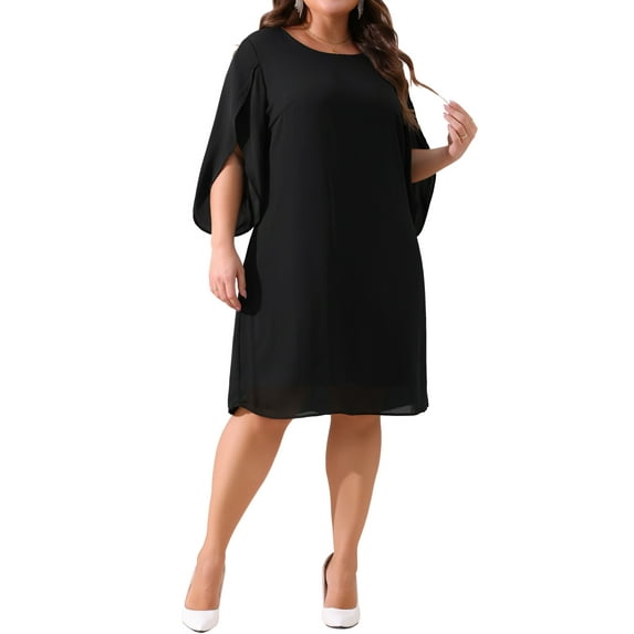 Agnes Orinda Plus Size Dresses For Women Crew Neck 3/4 Flutter Sleeve Party Wedding Cocktail Chiffon Flowy Dress 3X Black