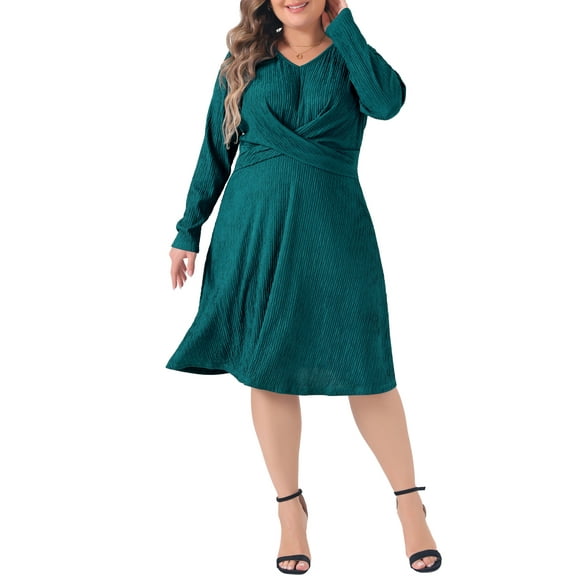 Agnes Orinda Plus Size Dresses For Women Long Sleeve Elegant Knitted Criss Cross V Neck Sweater Midi Dress