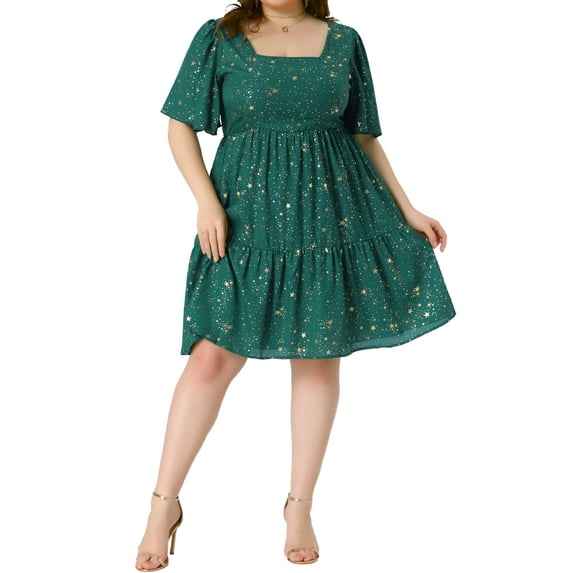 Agnes Orinda Women's Plus Size Summer Dresses Gilding Metallic Tiered Square Neck Short Ruffled Sleeve Shiny Party Dress 2X Green