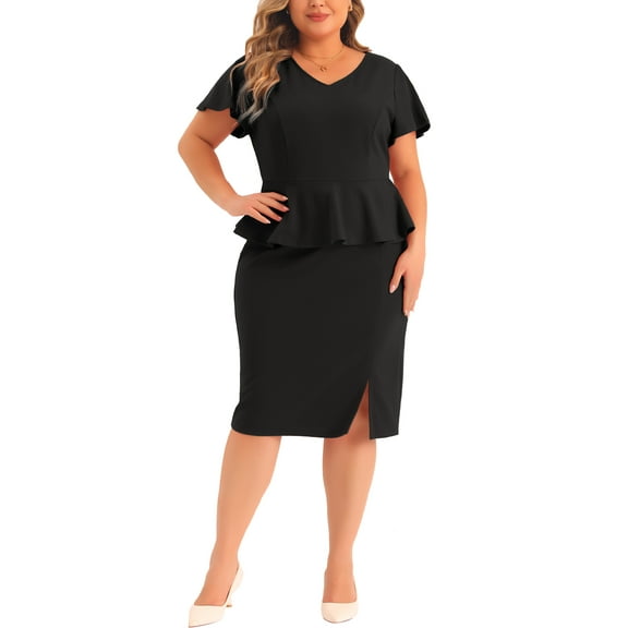 Agnes Orinda Plus Size Dresses for Women Church Short Ruffles Sleeve Work Pencil Vintage Peplum Dress