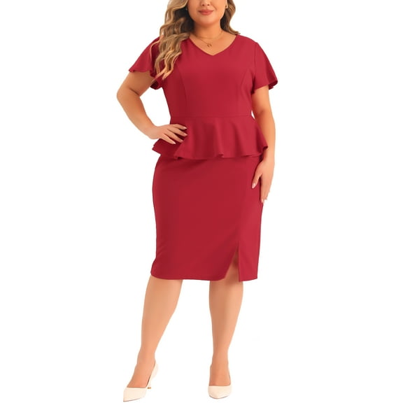 Agnes Orinda Plus Size Dresses for Women Church Short Ruffles Sleeve Work Pencil Vintage Peplum Dress