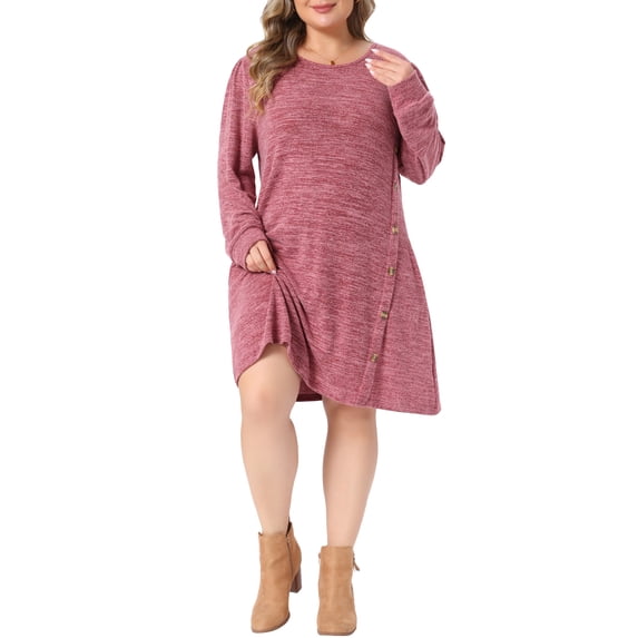 Agnes Orinda Women's Plus Size Knit Dress Crew Neck Long Sleeve Button Decor Casual Fall Winter Tunic T-Shirt Mini Dresses with Pockets 3X Red