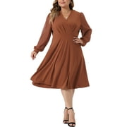 AGNES ORINDA Women's Plus Size Dress Long Sleeve Swiss Dots V Neck Wrap Formal Dresses 1X Caramel