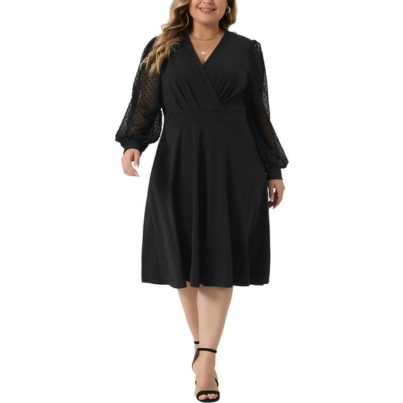 Agnes Orinda Women's Plus Size Dress Long Sleeve Swiss Dots V Neck Wrap Formal Dresses 2X Black
