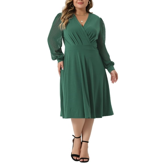 Agnes Orinda Women's Plus Size Dress Long Sleeve Swiss Dots V Neck Wrap Formal Dresses 2X Green