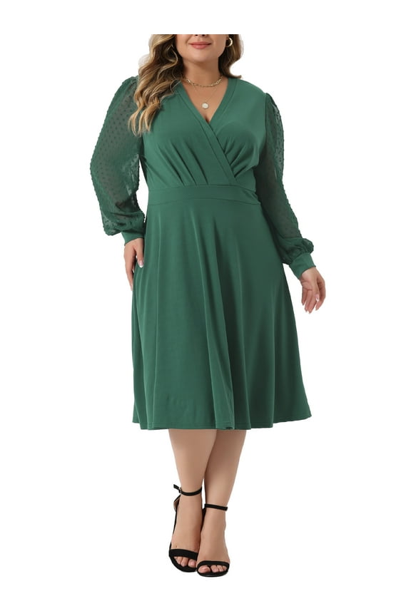 Women's Plus Size Dress Long Sleeve Swiss Dots V Neck Wrap Formal Dresses 2X Green