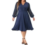 AGNES ORINDA Women's Plus Size Dress Long Sleeve Swiss Dots V Neck Wrap Formal Dresses 2X Navy Blue