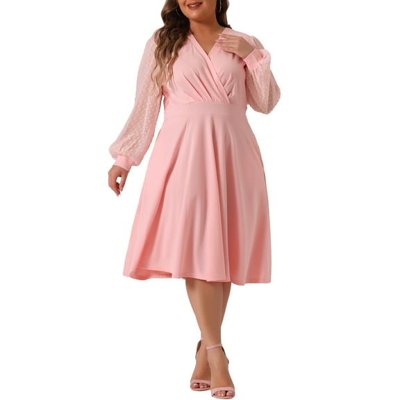 Agnes Orinda Women's Plus Size Dress Long Sleeve Swiss Dots V Neck Wrap Formal Dresses 3X Pink
