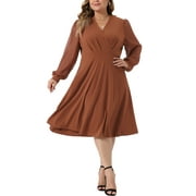 Agnes Orinda Plus Size Dresses for Women Long Sleeve Swiss Dots Wrap V Neck Formal Knee Length Dress