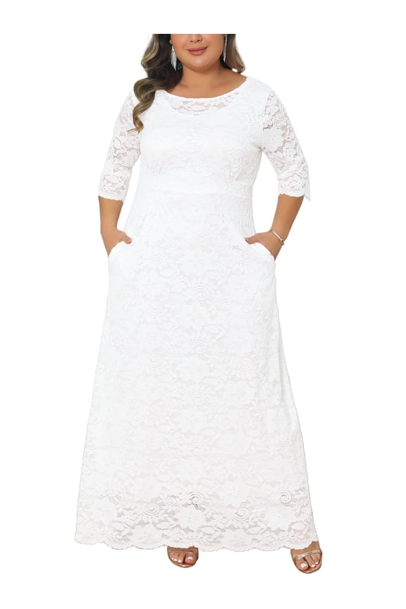 Women's Plus Size Flowy Dresses Floral Lace Scoop Neck 3/4 Sleeves Evening Wedding Cocktail Maxi Dress 3X White