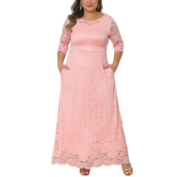 Agnes Orinda Women's Plus Size Easter Flowy Dresses Floral Lace Scoop Neck 3/4 Sleeves Evening Wedding Cocktail Maxi Dress 6X Pink