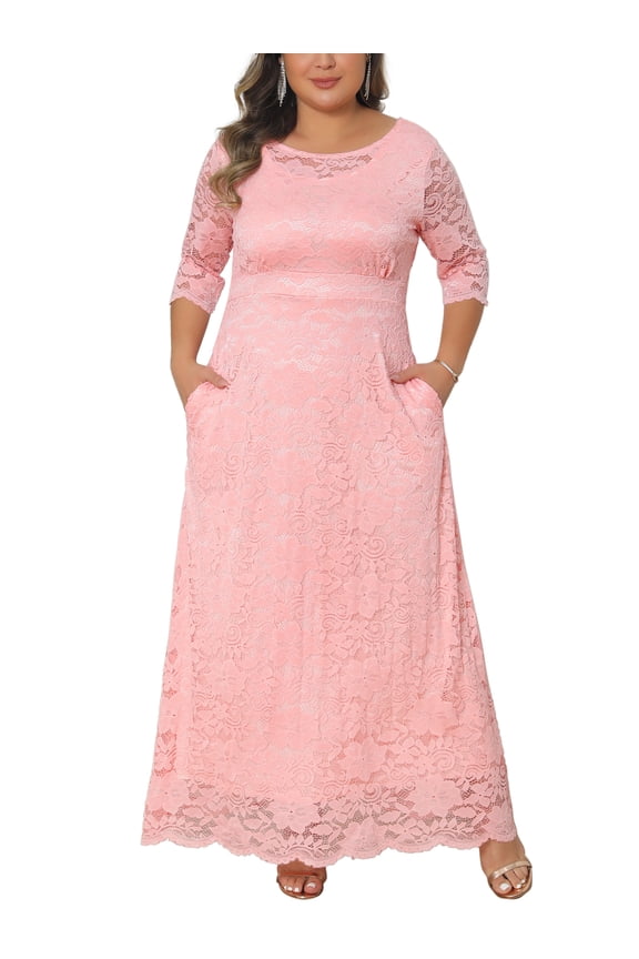 Women's Plus Size Easter Flowy Dresses Floral Lace Scoop Neck 3/4 Sleeves Evening Wedding Cocktail Maxi Dress 6X Pink