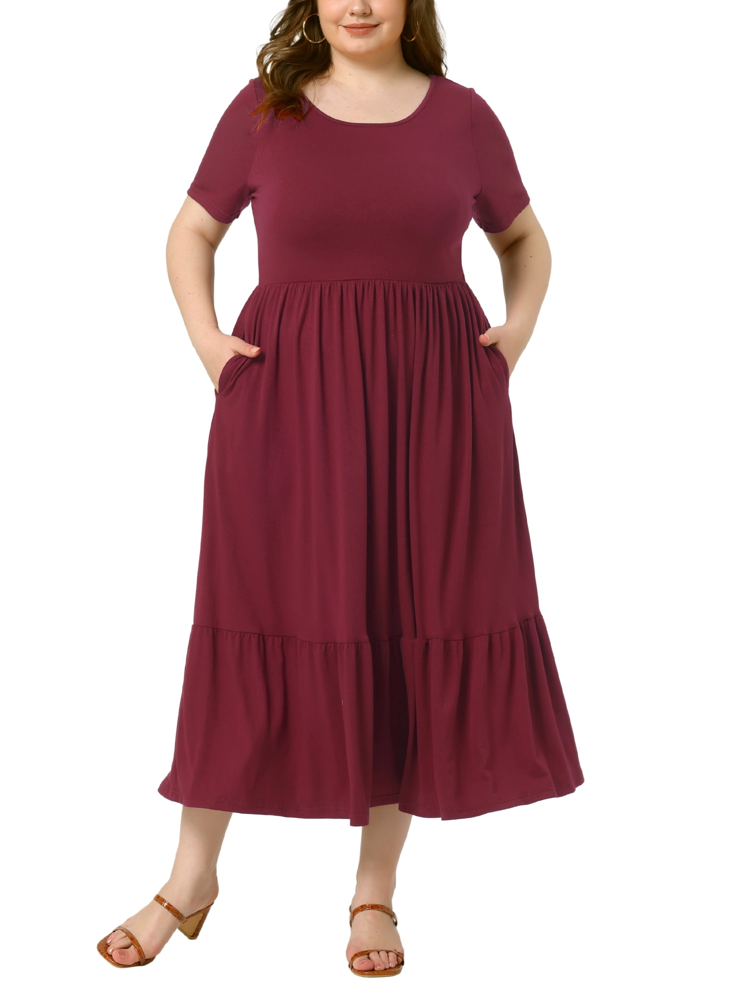 plus size burgundy shirt dress Agnes Orinda Women's Dresses Short Sleeves Crew Neck Basic Swing Summer Maxi 2X Dark Red 120cm/47.24 Shoulder