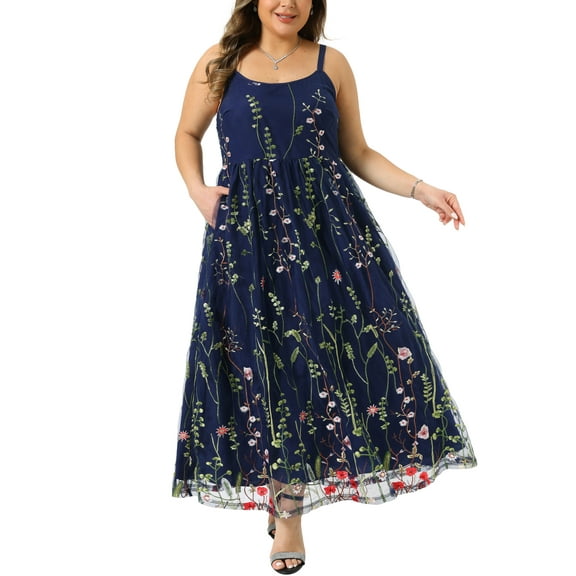 Agnes Orinda Women's Plus Size Valentines Day Floral Dresses U Neck Sleeveless Embroidered Mesh Double Layer Wedding Maxi Cami Dress with Pockets 4X Dark Blue