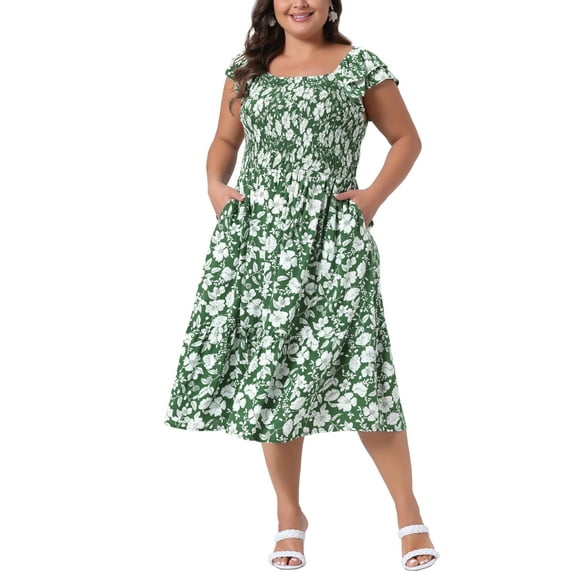 Agnes Orinda Women's Plus Size Dresses Square Neck Short Sleeve Smocked Flowy Summer Midi Dress 2X Green