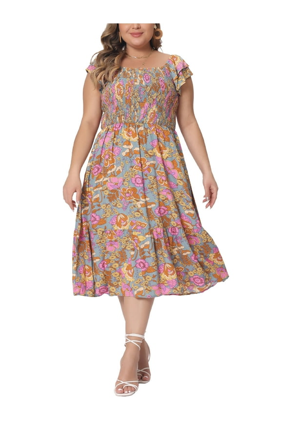 Women's Plus Size Dresses Square Neck Short Sleeve Smocked Flowy Summer Midi Dress 3X Grey Green