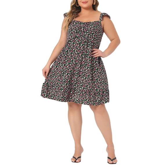Agnes Orinda Plus Size Dresses for Women Sweetheart Neck Ruffle Cap Sleeve Summer Floral Sun Dress