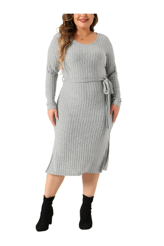 Plus Size Fall Dress for Women Long Sleeve Round Neck Split Hem Knit Tie Waist Midi Dresses