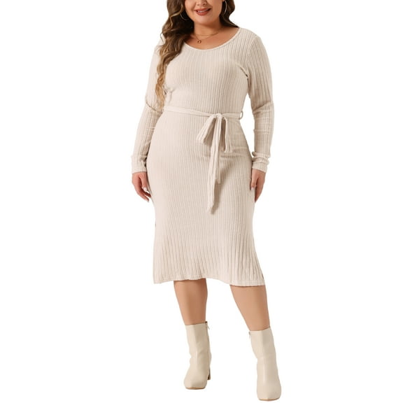 Agnes Orinda Plus Size Fall Dress for Women Long Sleeve Round Neck Split Hem Knit Tie Waist Midi Dresses