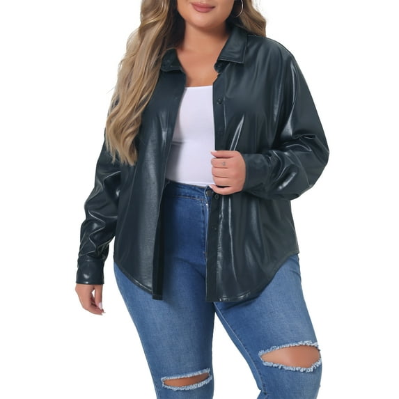 Agnes Orinda Plus Size Faux Leather Shirts for Women Long Sleeves Button Motorcycle Casual Jacket
