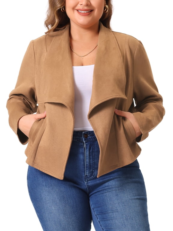 Plus Size Halloween Outfits Faux Suede Jacket for Women Lapel Long Sleeve Open Front Cardigans Outerwear Jackets 3X Brown