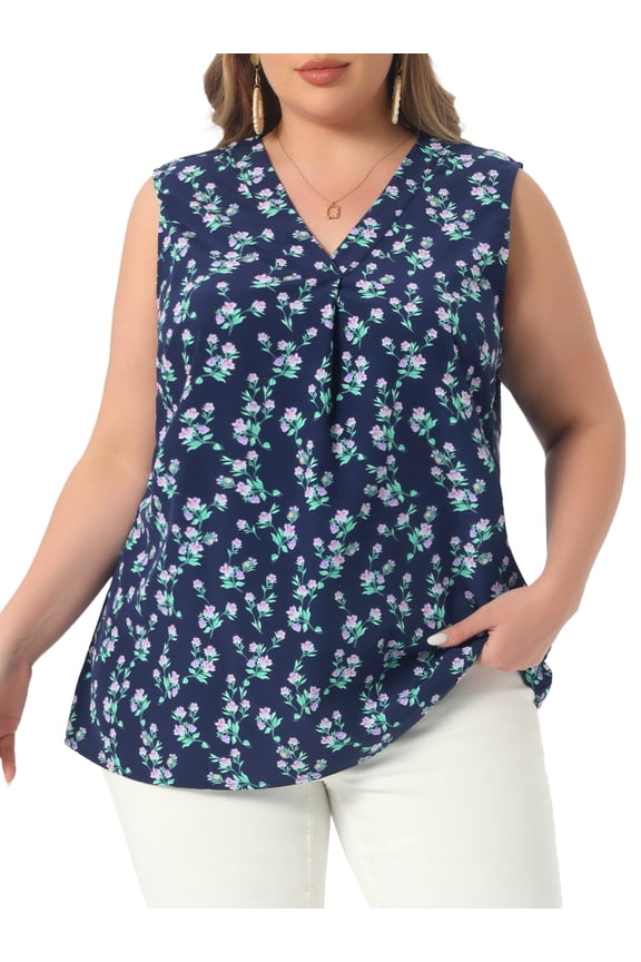 Plus Size Floral Blouse Sleeveless Tank Top for Women Comfortable and Stylish 3X Navy Blue