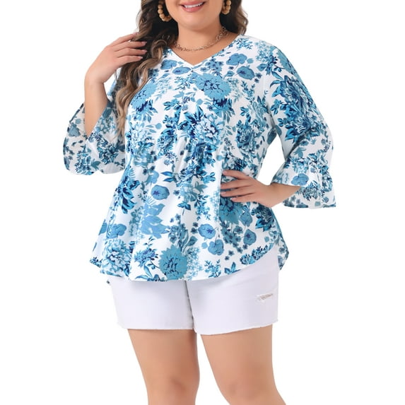Agnes Orinda Women's Plus Size Valentines Day Floral Blouses V Neck Ruffle 3/4 Sleeves Babydoll Peplum Tops 1X Blue