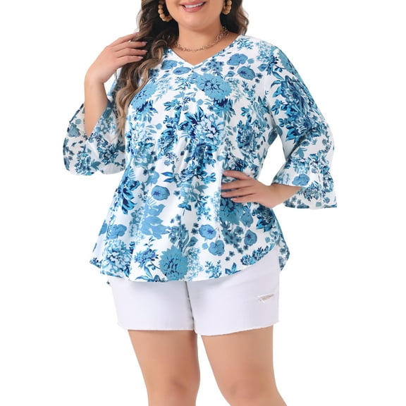Agnes Orinda Women's Plus Size Valentines Day Floral Blouses V Neck Ruffle 3/4 Sleeves Babydoll Peplum Tops 2X Blue