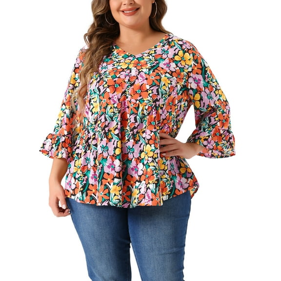 Agnes Orinda Women's Plus Size Valentines Day Floral Blouses V Neck Ruffle 3/4 Sleeves Babydoll Peplum Tops 2X Orange Black