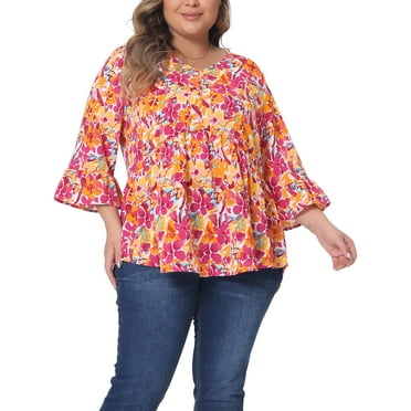 Agnes Orinda Women's Plus Size Floral Blouses V Neck Ruffle Short Sleeve Babydoll Peplum Tops 2X Orange
