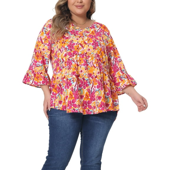 Agnes Orinda Women's Plus Size Valentines Day Floral Blouses V Neck Ruffle 3/4 Sleeves Babydoll Peplum Tops 2X Orange