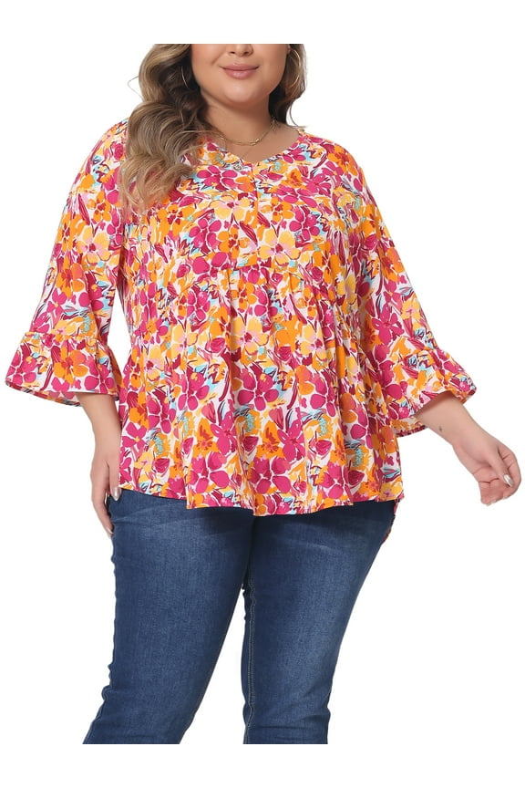 Women's Plus Size St. Patrick's Day Floral Blouses V Neck Ruffle 3/4 Sleeves Babydoll Peplum Tops 2X Orange