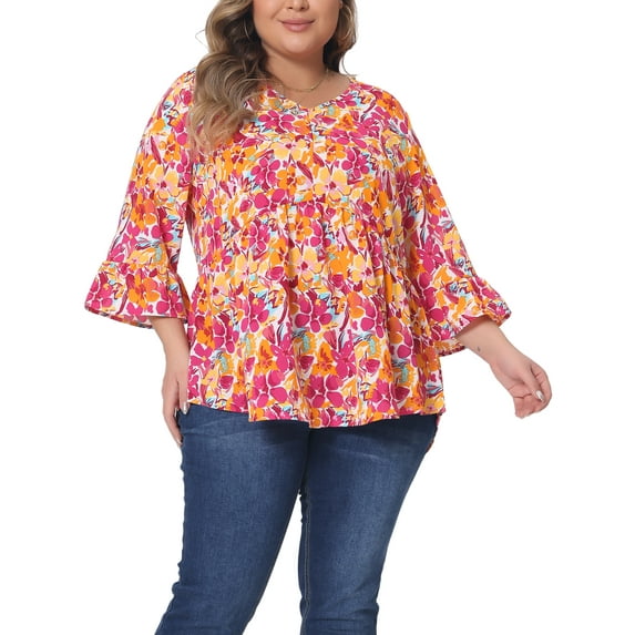 Agnes Orinda Women's Plus Size Valentines Day Floral Blouses V Neck Ruffle 3/4 Sleeves Babydoll Peplum Tops 2X Orange