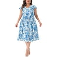 thumbnail image 1 of Agnes Orinda Women's Plus Size Floral Dress Ruffle Short Sleeves Tie Back V Neck Midi Dresses 1X Blue, 1 of 6